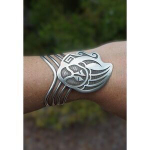 Rare Hubert Yowytewa HY - Hopi Sterling‎ Silver Bear Paw Overlay Cuff Bracelet